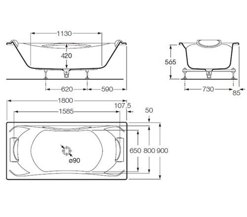 Roca BeCool wanna prostokątna dwuosobowa 180x90 z nogami A248013001