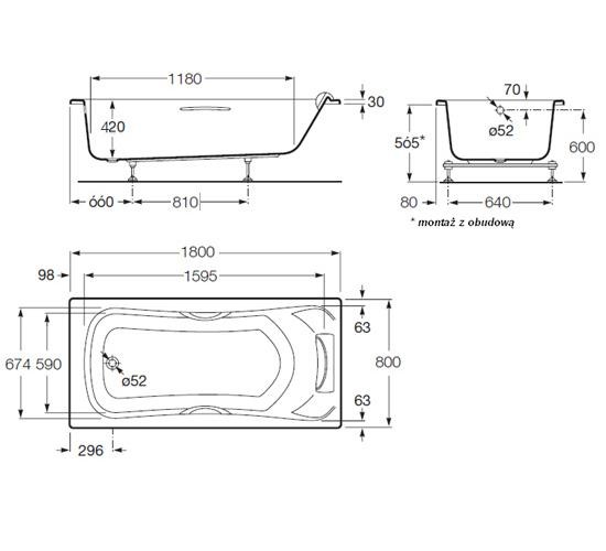 Roca BeCool wanna prostokątna 180x80 z nogami A248015001