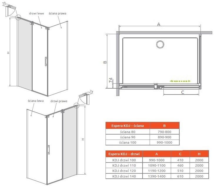 Radaway Espera KDJ Mirror kabina prostokątna 120x80 lewa drzwi przesuwne chrom przeźroczyste Easy Clean 380132-71L + 380148-01R