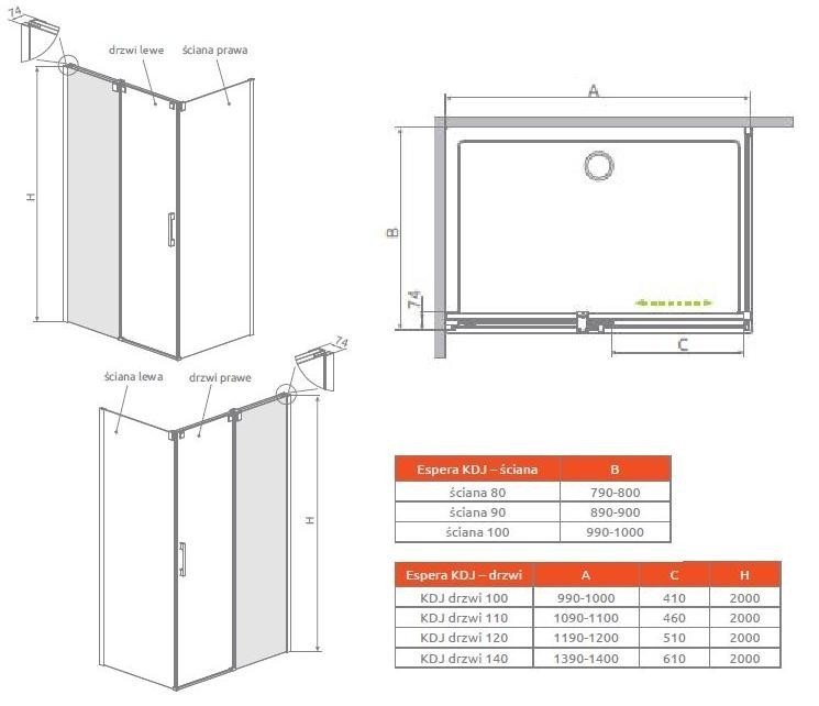 Radaway Espera KDJ Mirror kabina prostokątna 140x100 lewa drzwi przesuwne chrom przeźroczyste Easy Clean 380134-71L + 380140-01R