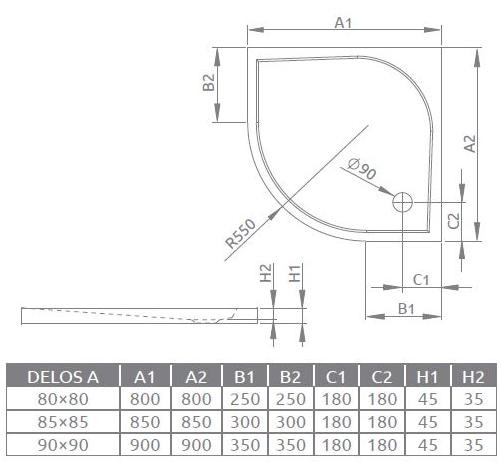 Radaway Delos A brodzik półokrągły płaski 85x85 SDA8585-01