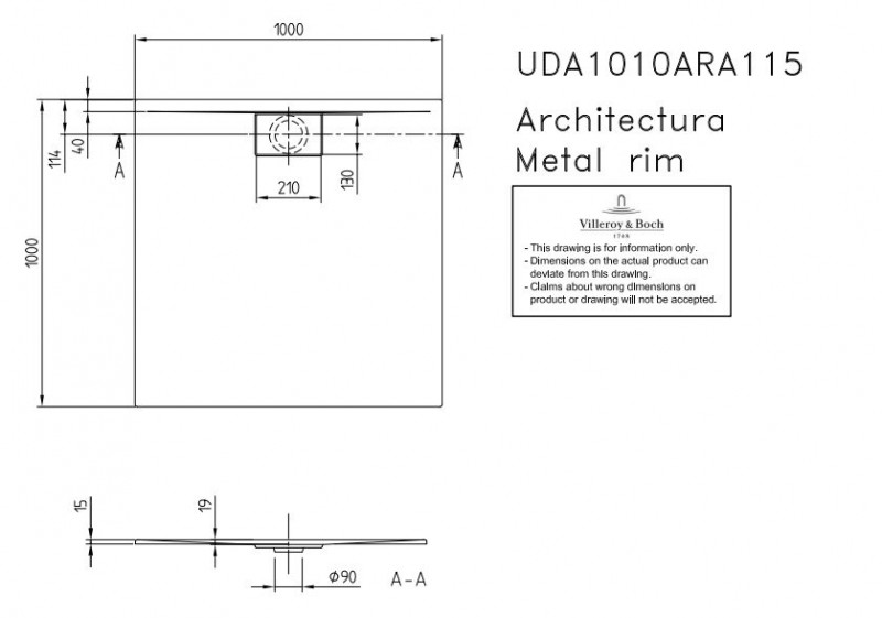 Villeroy&Boch Architectura Metalrim brodzik kwadratowy 100x100 biały weiss alpin UDA 1010 ARA 115V-01