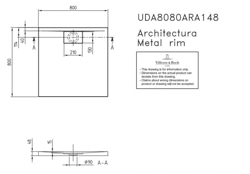 Villeroy&Boch Architectura Metalrim brodzik kwadratowy 80x80 biały weiss alpin UDA 8080 ARA 148GV-01