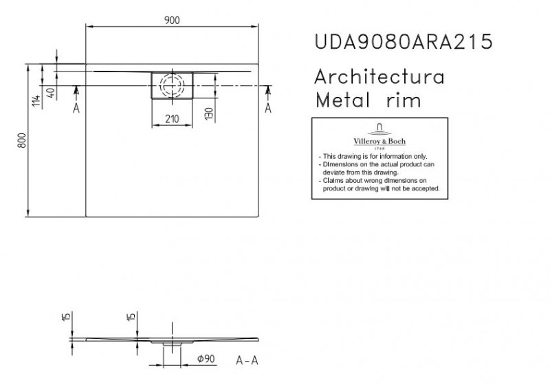 Villeroy&Boch Architectura Metalrim brodzik prostokątny 90x80 biały weiss alpin UDA 9080 ARA 215V-01