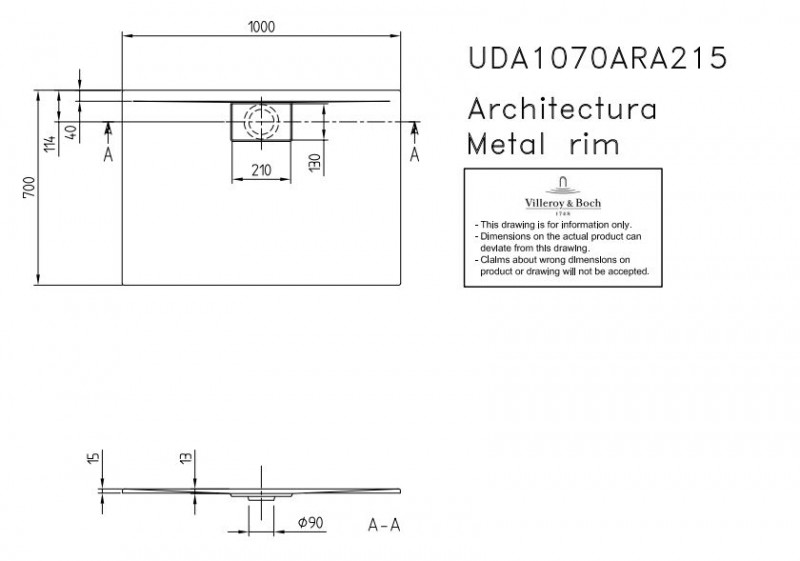 Villeroy&Boch Architectura Metalrim brodzik prostokątny 100x70 biały weiss alpin UDA 1070 ARA 215GV-01