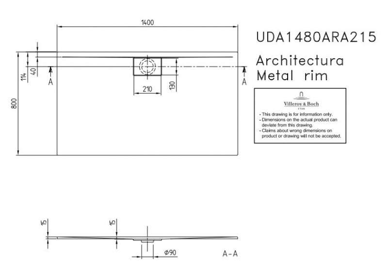 Villeroy&Boch Architectura Metalrim brodzik prostokątny 140x80 biały weiss alpin UDA 1480 ARA 215V-01