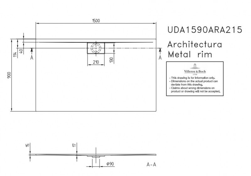 Villeroy&Boch Architectura Metalrim brodzik prostokątny 150x90 biały weiss alpin UDA 1590 ARA 215V-01