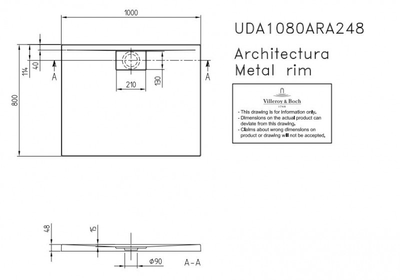 Villeroy&Boch Architectura Metalrim brodzik prostokątny 100x80 biały weiss alpin UDA 1080 ARA 248V-01