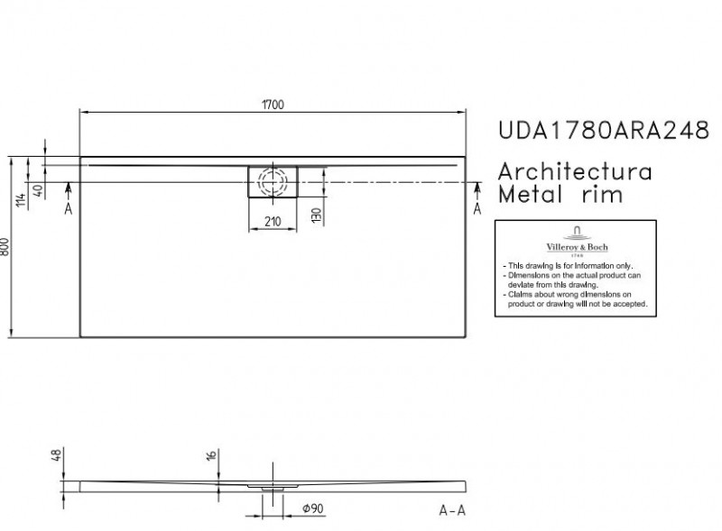 Villeroy&Boch Architectura Metalrim brodzik prostokątny 170x80 biały weiss alpin UDA 1780 ARA 248GV-01