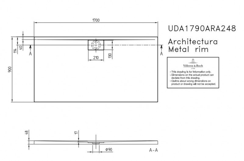 Villeroy&Boch Architectura Metalrim brodzik prostokątny 170x90 biały weiss alpin UDA 1790 ARA 248GV-01