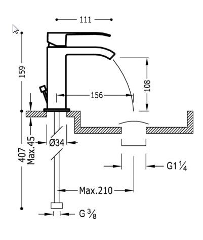 Tres Cuadro bateria umywalkowa kaskada otwarta z korkiem chrom 006.110.01.D