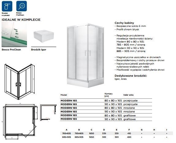 BESCO Modern 165 Kabina kwadratowa 80x80 drzwi przesuwane grafitowe