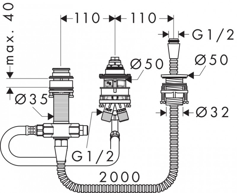 Hansgrohe zestaw podstawowy baterii wannowej 3-otworowej 13439180