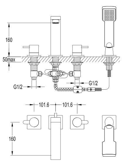 Omnires Darling bateria wannowa 4-otworowa kompletna złoty DA5032GL