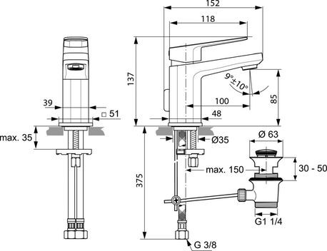 Ideal Standard Tonic II bateria umywalkowa stojąca typu Piccolo z korkiem chrom A6330AA