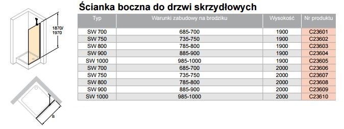 Huppe Classics 2 ścianka boczna do drzwi skrzydłowych 70cm wys.190 srebrny połysk przeźroczyste C23601.069.321