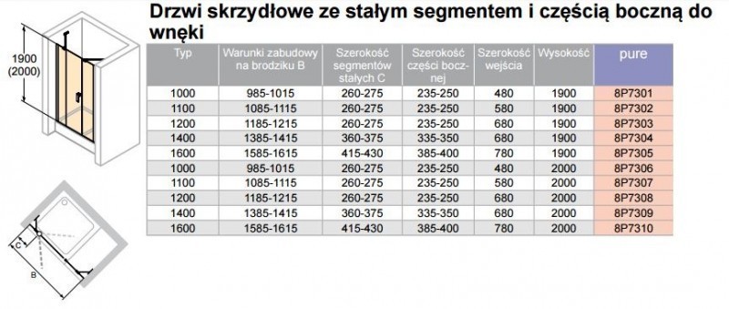 Huppe Design Pure drzwi skrzydłowe ze stałym segmentem i częścią boczną do wnęki 120 cm wys.200 cm srebrny matowy przeźroczyste 8P7308.087.321