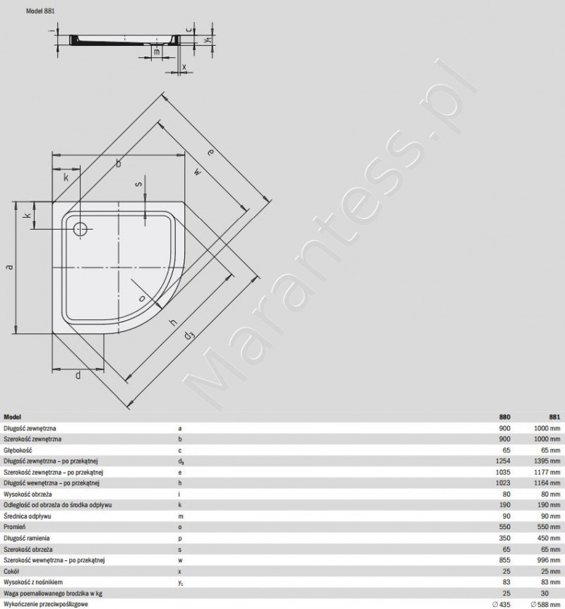 Kaldewei Arrondo brodzik półokrągły z uformowaną obudową i nośnikiem ze styropianu 100x100 model 881-2 460548040001