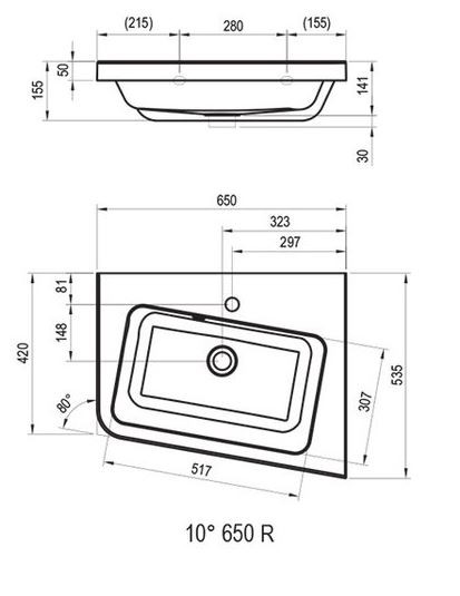 Ravak 10 umywalka wisząca asymetryczna prawa z otworem na baterię 65x53,5 cm konglomerat XJIP1165000