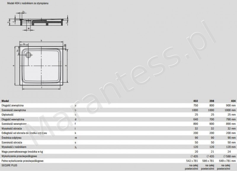 Kaldewei Superplan brodzik prostokątny 90x100 z nośnikiem ze styropianu model 404-2 430448040001