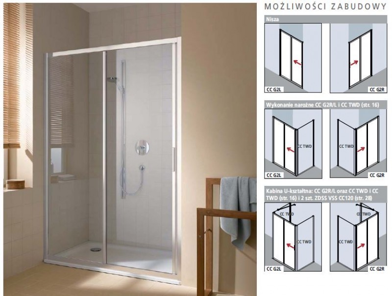 Kermi Cada XS drzwi przesuwne 2-częściowe z polem stałym 115 cm LEWE srebrny wysoki połysk przeźroczyste powłoka CadaClean CKG2L11520VPK