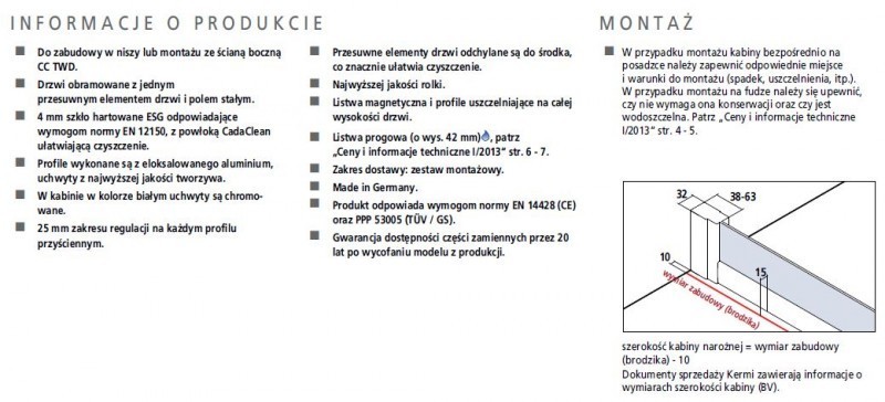 Kermi Cada XS drzwi przesuwne 2-częściowe z polem stałym 115 cm LEWE srebrny wysoki połysk przeźroczyste powłoka CadaClean CKG2L11520VPK