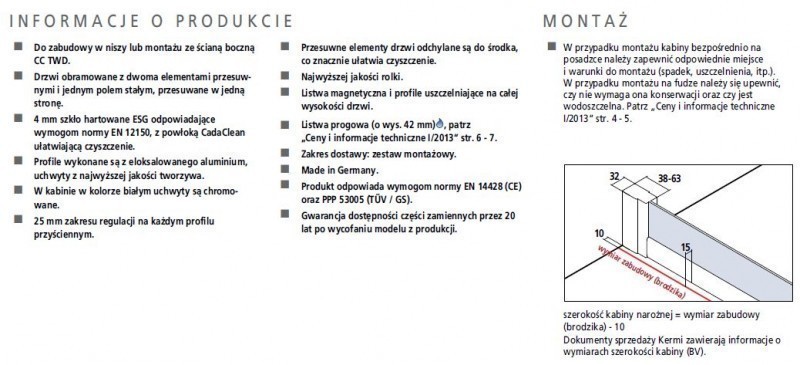 Kermi Cada XS drzwi przesuwne 3-częściowe z polem stałym 110 cm PRAWE srebrny wysoki połysk przeźroczyste powłoka CadaClean CKG3R11020VPK