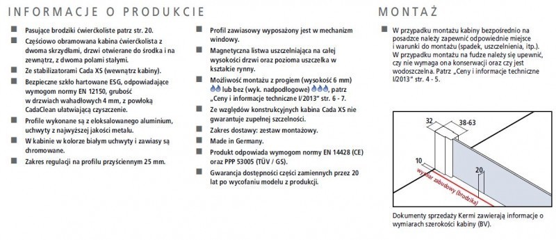 Kermi Cada XS kabina ćwierćkolista drzwi wahadłowe z polami stałymi 80x80 cm r.500 srebrny połysk przeźroczyste powłoka CadaClean CKP5008020VPK