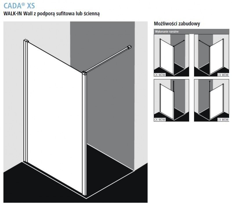 Kermi Cada XS Walk-in WALL ścianka wolnostojąca 90 cm z podporą sufitową lub ścienną srebrny połysk przeźroczyste powłoka CadaClean CKWDW09020VPK