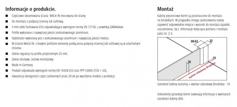 Kermi Cada XS Walk-in WALL ścianka wolnostojąca 70 cm  z podporą sufitową lub ścienną srebrny wysoki połysk przeźroczyste powłoka CadaClean CKWDW07020VPK