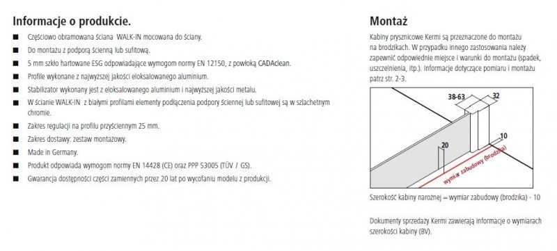 Kermi Cada XS Walk-in WALL ścianka wolnostojąca 75 cm  z podporą sufitową lub ścienną srebrny połysk przeźroczyste powłoka CadaClean CKWDW07520VPK