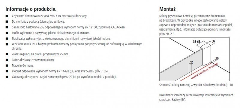 Kermi Cada XS Walk-in WALL ścianka wolnostojąca 120 cm z podporą sufitową lub ścienną srebrny połysk przeźroczyste powłoka CadaClean CKWDW12020VPK