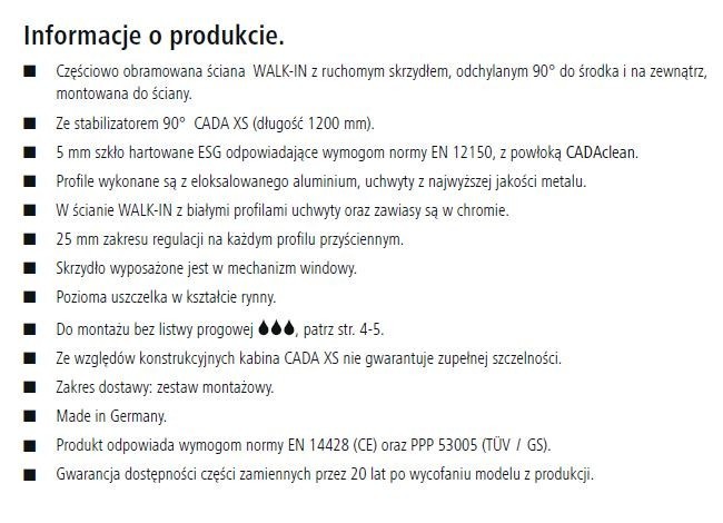 Kermi Cada XS Walk-in WALL ścianka 100 cm z ruchomym skrzydłem lewa srebrny połysk przeźroczyste powłoka CadaClean CKTFL10020VPK