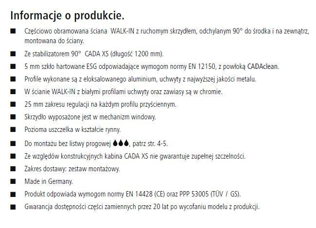 Kermi Cada XS Walk-in WALL ścianka 110 cm z ruchomym skrzydłem prawa srebrny połysk przeźroczyste powłoka CadaClean CKTFR11020VPK