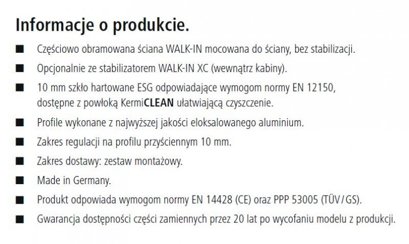 Kermi Walk-in XC WALL ścianka 100 cm montaż bez stabilizatora srebrny połysk przeźroczyste powłoka KermiClean XCWIO10020VPK