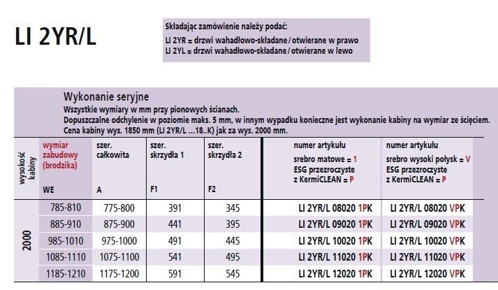 Kermi Walk-in Liga WALL ścianka wahadłowo-składana 100 cm prawa srebrny połysk przeźroczyste powłoka KermiClean LI2YR10020VPK