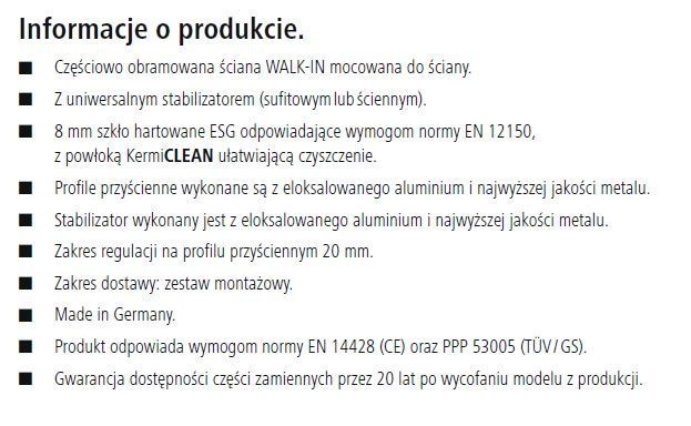 Kermi Walk-in XB WALL ścianka 130 cm z stabilizatorem sufitowym lub ściennym prawa srebrny połysk przeźroczyste powłoka KermiClean XBWDR13020VPK