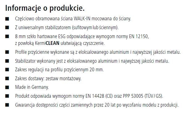 Kermi Walk-in XB WALL ścianka 160 cm z stabilizatorem sufitowym lub ściennym lewa srebrny połysk przeźroczyste powłoka KermiClean XBWDL16020VPK