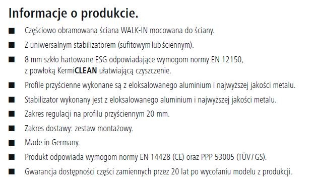 Kermi Walk-in XB WALL ścianka 180 cm z stabilizatorem sufitowym lub ściennym lewa srebrny połysk przeźroczyste powłoka KermiClean XBWDL18020VPK