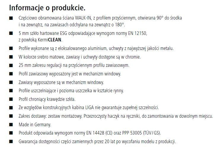 Kermi Walk-in Liga WALL ścianka wahadłowo-składana 100 cm prawa srebrny połysk przeźroczyste powłoka KermiClean LI2YR10020VPK