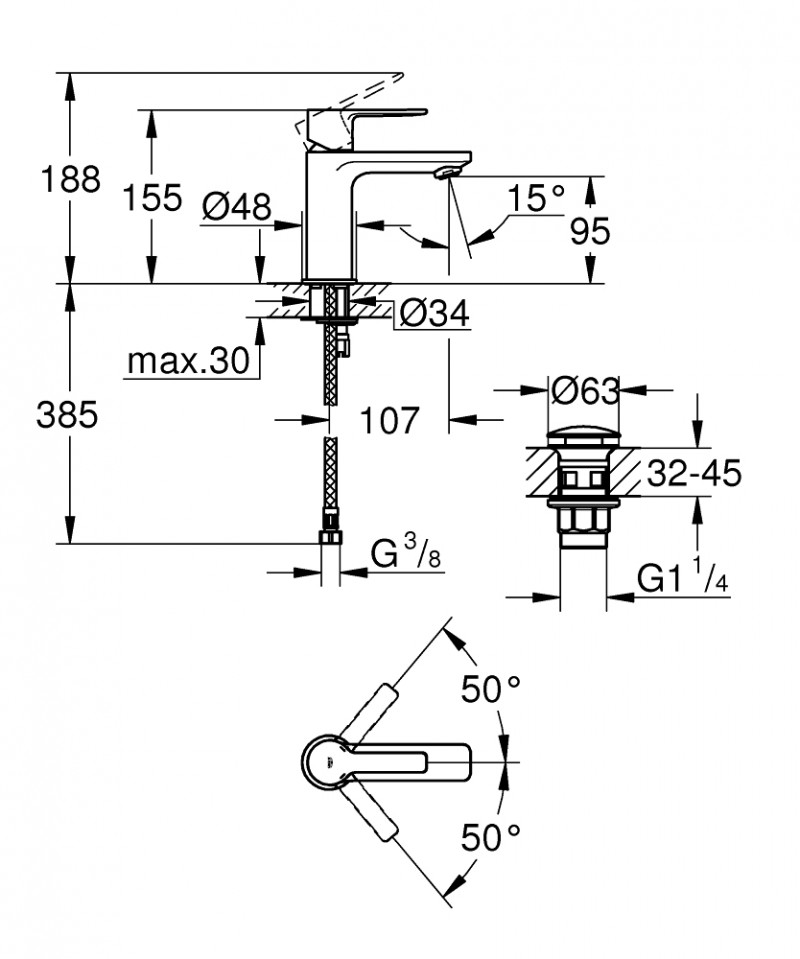 Grohe Lineare bateria umywalkowa XS z korkiem typu klik klak chrom 23791001