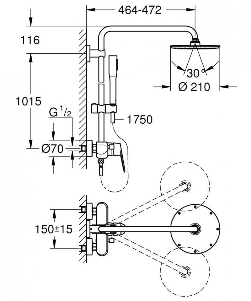 Grohe Euphoria  Eurodisc Cosmopolitan System 210 System prysznicowy z jednouchwytową baterią ścienną chrom 23058003