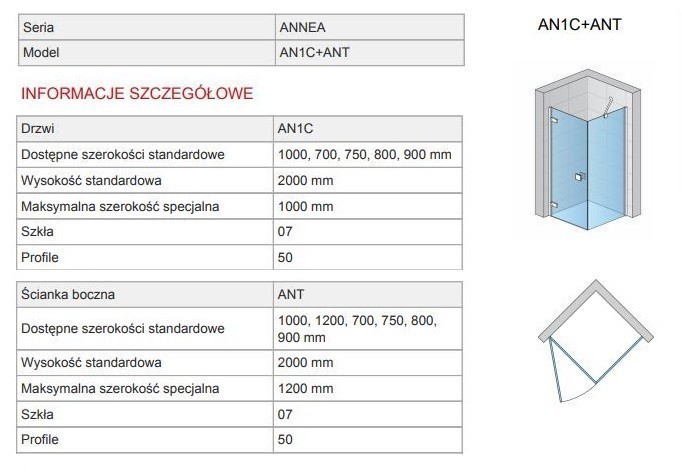 Sanswiss Annea kabina prostokątna drzwi LEWE 100 cm i ścianka 80 cm srebrny połysk przeźroczyste AN1CG10005007 ANT08005007