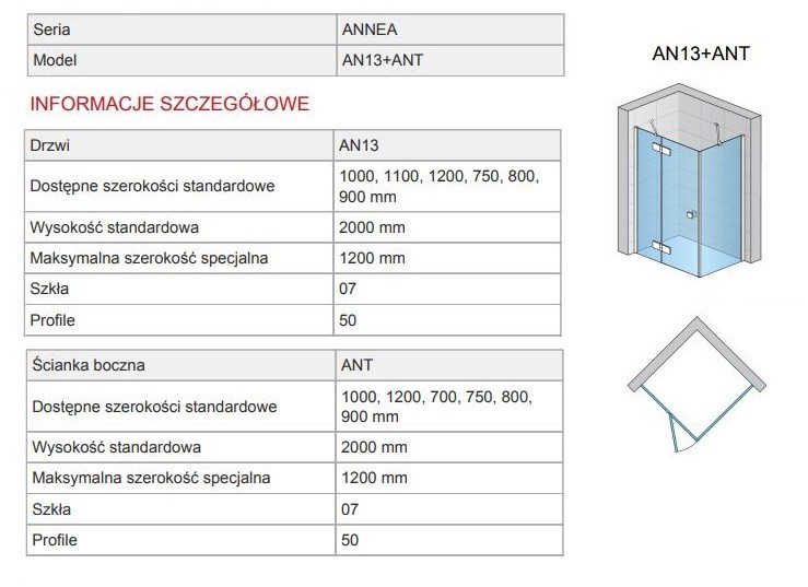 Sanswiss Annea kabina prostokątna drzwi LEWE 75 cm i ścianka 90 cm srebrny połysk przeźroczyste AN13G07505007 ANT09005007