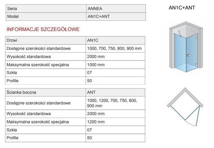 Sanswiss Annea kabina prostokątna drzwi PRAWE 90 cm i ścianka 80 cm srebrny połysk przeźroczyste AN1CD09005007 ANT08005007