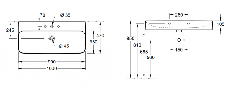 Villeroy&Boch Finion umywalka bez przelewu 100cm biały weiss alpin ceramicplus 4168A2R1