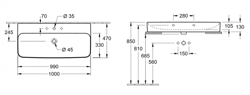 Villeroy&Boch Finion umywalka stawiana na blat z ukrytym przelewem ViFlow 100cm biały weiss alpin ceramicplus 41681BR1