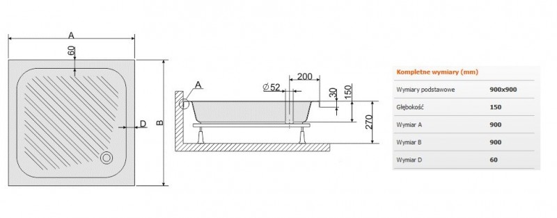 Sanplast Classic B/CL brodzik kwadratowy 90x90 akryl biały 615010004001000