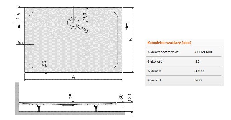 Sanplast Free Line B/FREE brodzik prostokątny 80x140x2,5 akryl biały 615040441001000