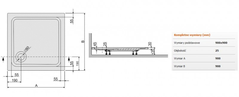 Sanplast Free Line B/FREE brodzik kwadratowy 90x90x2,5 akryl biały 615040403001000